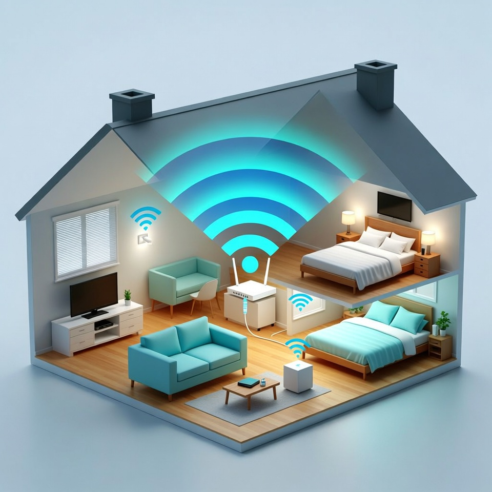 Cutaway house diagram showing a home router, mesh Wi‑Fi nodes, Ethernet wiring, and streaming devices to illustrate ways to improve streaming performance.