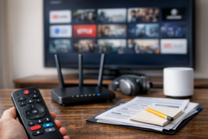 Smart TV setup and troubleshooting scene with a remote, Wi‑Fi router, and TV menu in the background.