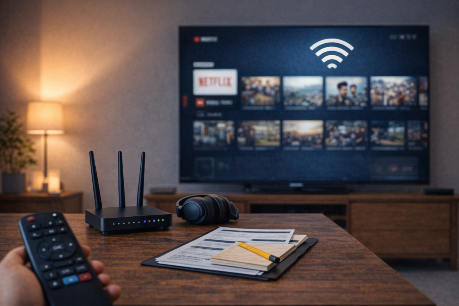 Smart TV setup and troubleshooting scene with a streaming screen, Wi‑Fi router, and remote in a living room.