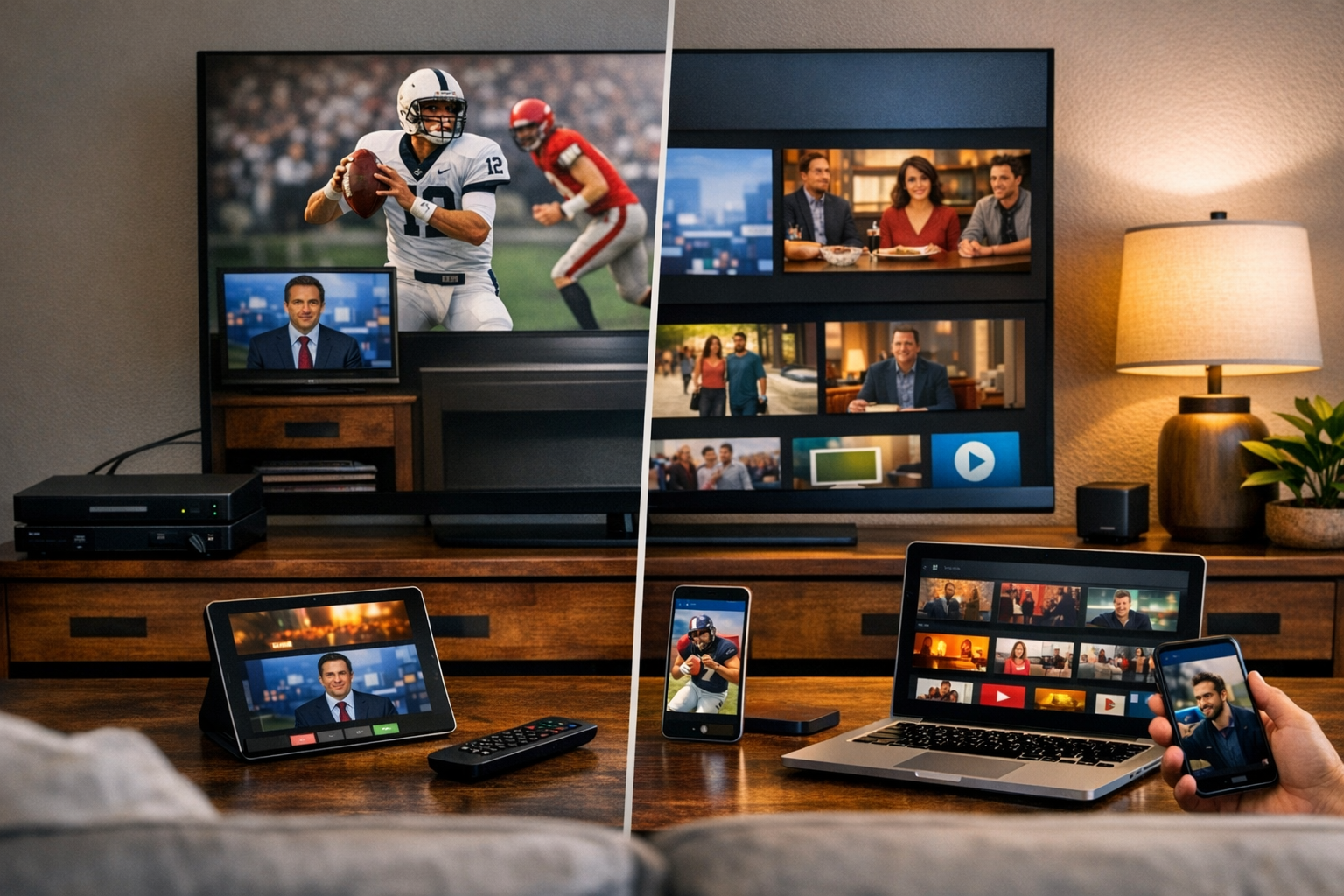 Streaming TV vs cable viewing on a smart TV with multiple devices connected at home