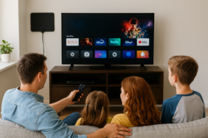 Live TV streaming services displayed on a television with a family watching at home