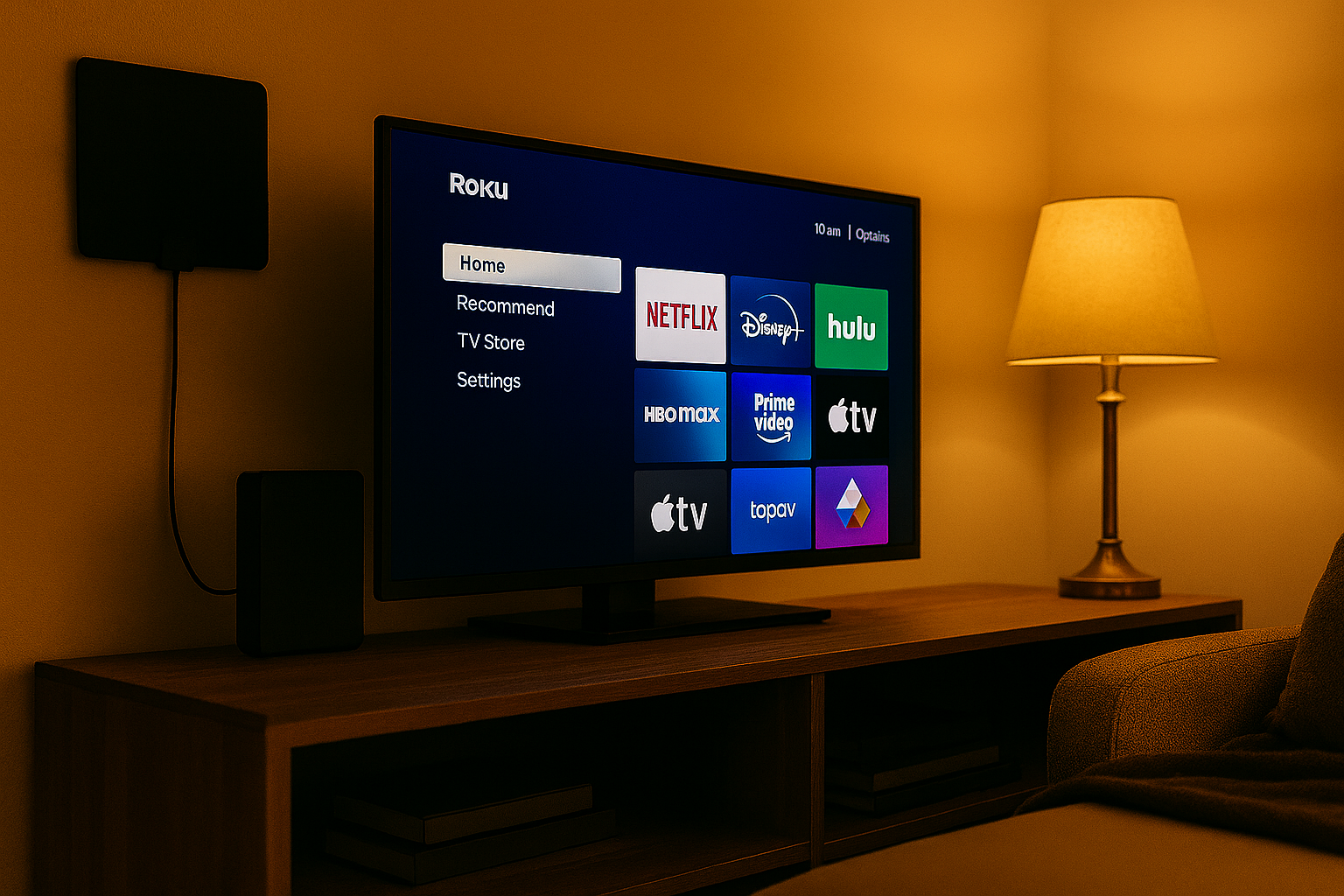 Smart TV displaying live TV streaming services in a warm evening living room