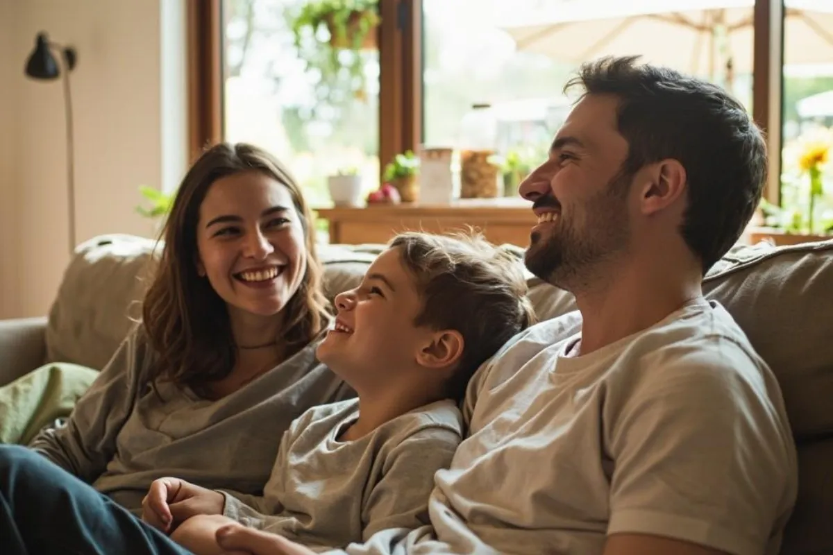 family together in a living room