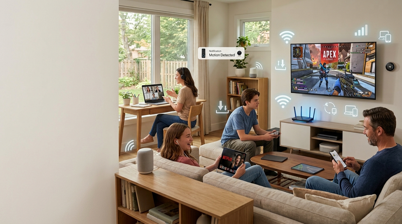 Family using multiple devices including streaming, gaming, remote work, and smart home technology on a fiber internet connection.