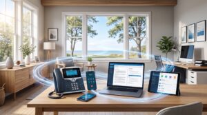 Modern home office and small business workspace featuring phone, laptop, tablet, and smartphone connected through fiber-powered Ooma Phone Service