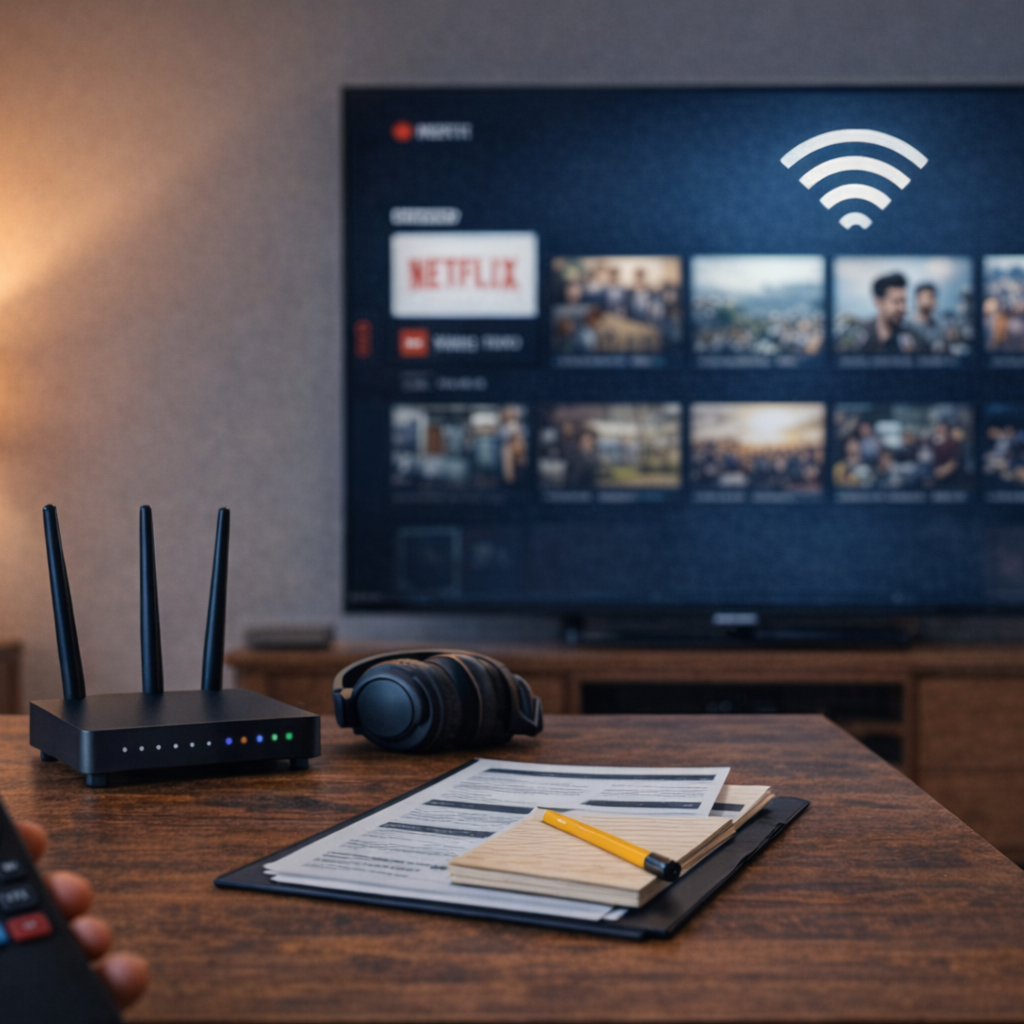 Smart TV setup and troubleshooting scene with a streaming screen, Wi‑Fi router, and remote in a living room.