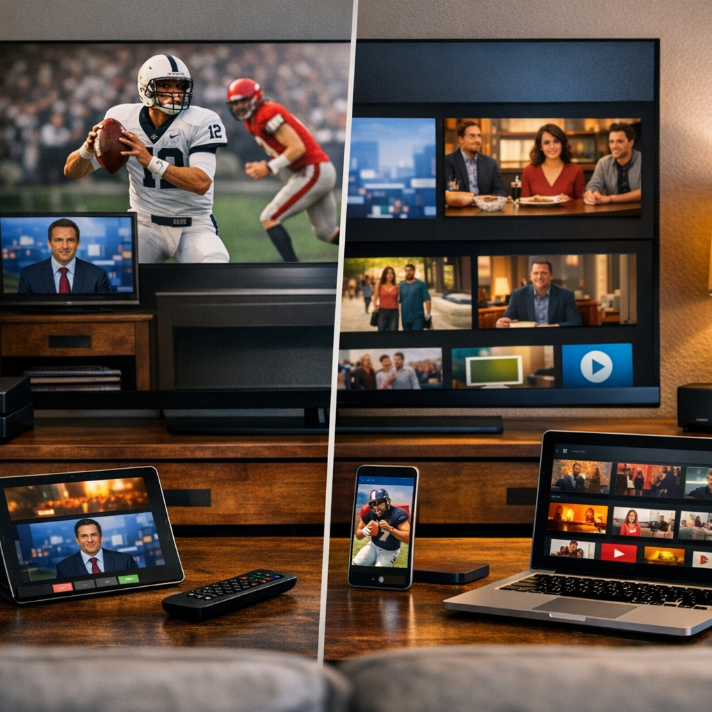 Streaming TV vs cable viewing on a smart TV with multiple devices connected at home