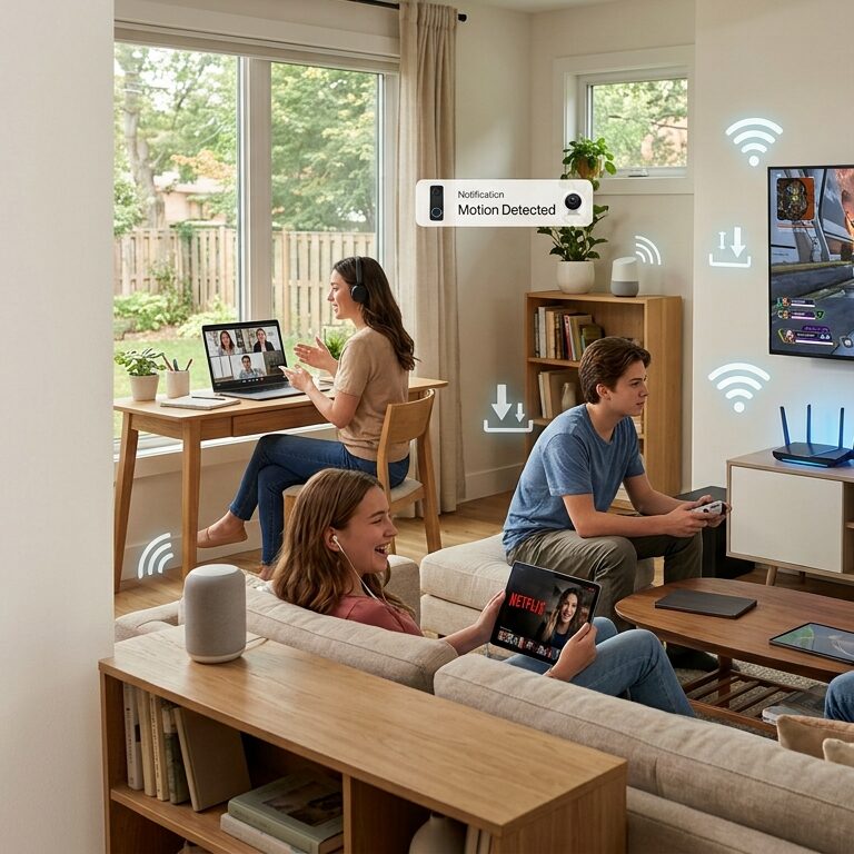 Family using multiple devices including streaming, gaming, remote work, and smart home technology on a fiber internet connection.