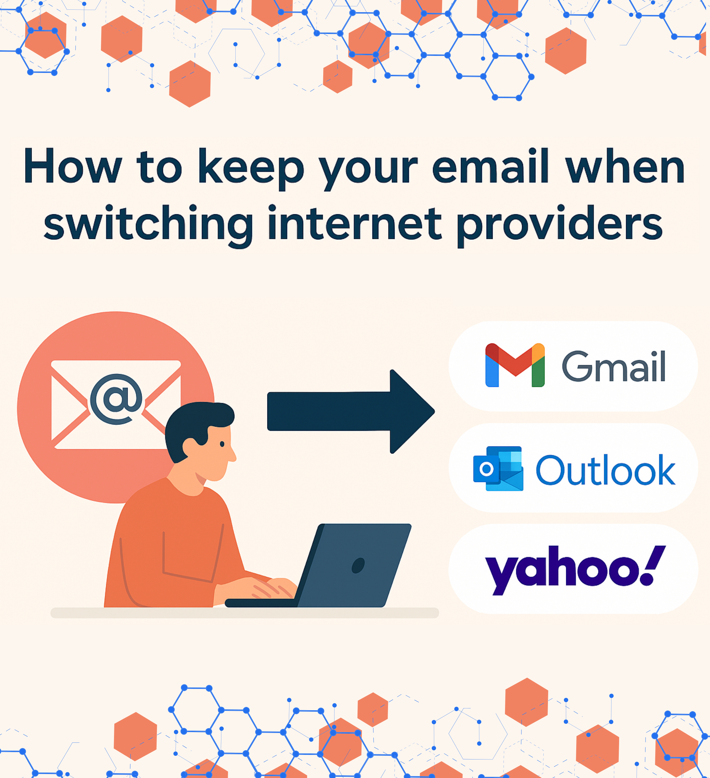 How to keep your email when switching internet providers – illustration showing email moving to Gmail, Outlook, and Yahoo